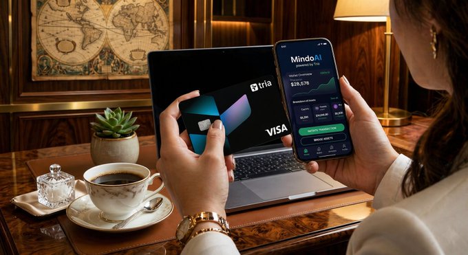 The image shows a person sitting at a desk with a laptop displaying information about a Visa credit card. The person is holding up their phone next to the laptop screen, possibly showing off the details of the card or sharing some information related to its usage.