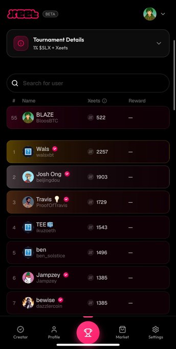 A mobile screenshot of the Xeet tournament leaderboard showing "1K $LLX × Xeets" with participant BLAZE (BloosBTC) finishing 55th with 522 Xeets, just outside the displayed top 7 featuring Wais (2257), Josh Ong (1903), Travis (1729), TEE (1543), ben (1496), Jampzey (1385), and bewise (1385).

The image illustrates the post's concern by showing the user ranked 55th—outside the visible top tier of reward recipients—which likely explains why they haven't received their allocation yet.