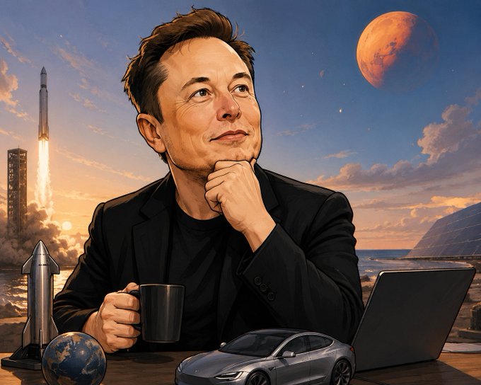 A stylized digital illustration/caricature of Elon Musk sitting at a desk holding a coffee mug, surrounded by his ventures including a SpaceX rocket launching, a Starship model, a Tesla car, a laptop, and with Mars visible in the background sky.