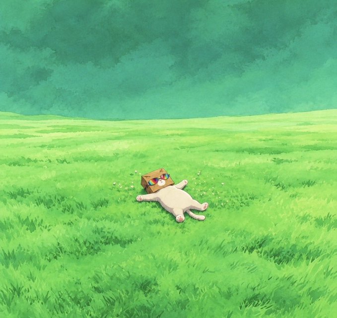 A small cat-like creature with a cardboard box over its head lies sprawled in a vast grassy field, playfully echoing the "gMEOW" caption with its whimsical, cat-themed charm.