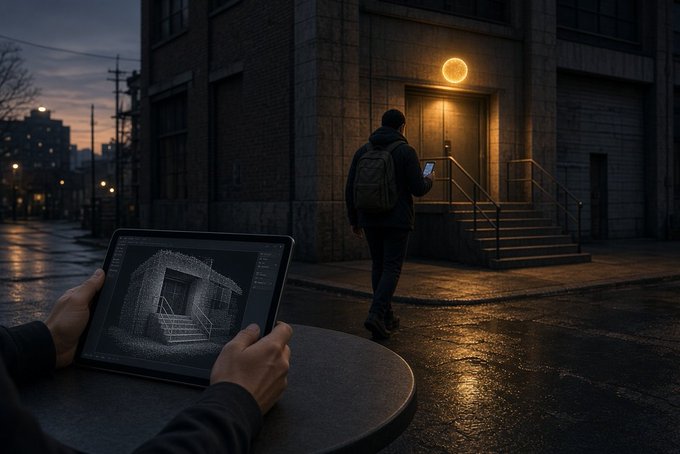 A person at a table uses a tablet displaying a point-cloud capture of a building, while in the background another individual with a backpack and phone approaches the lit doorway of that same brick building on a wet evening street.

The image visually illustrates the post's narrative by showing a contributor fulfilling a location-based bounty—capturing the real-world scene on-site while the digital reconstruction appears ready for the requesting company.