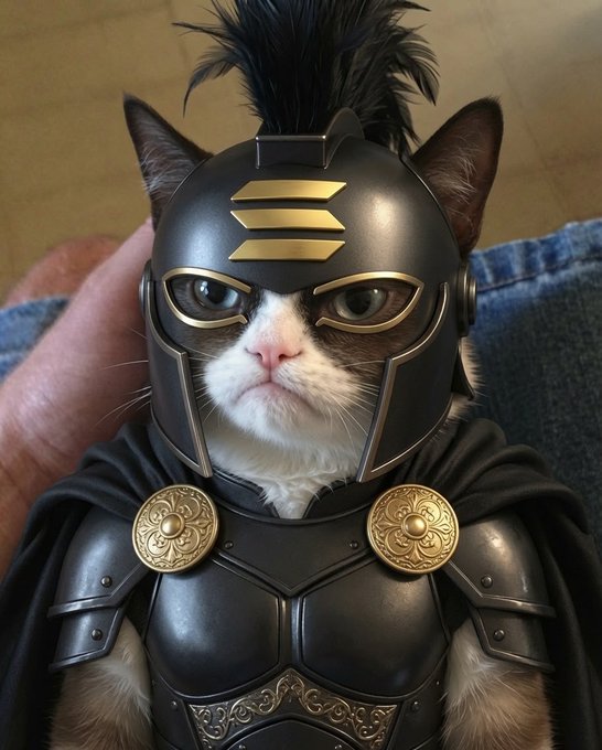 A cat dressed in black and gold armor with a plumed helmet, being held by a person wearing jeans.