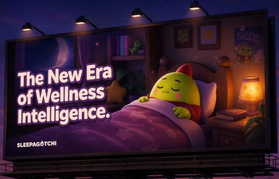 An illuminated billboard at night featuring a sleeping green character in a bed, with text reading 'The New Era of Wellness Intelligence.' and 'SLEEPAGŌTCHI'.
