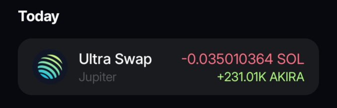A dark mobile interface showing a 'Today' transaction record for an 'Ultra Swap' via Jupiter, costing '-0.035010364 SOL' for '+231.01K AKIRA'.