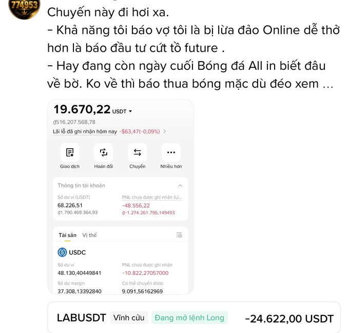A Binance futures account screenshot showing a trader down -$63.47 (-0.09%) on the day with unrealized losses of -$48,556.22 and a -$24,622.00 Long position on LABUSDT, humorously illustrating the post's joke about telling his wife he got "scammed online" being easier than admitting to crypto futures losses.