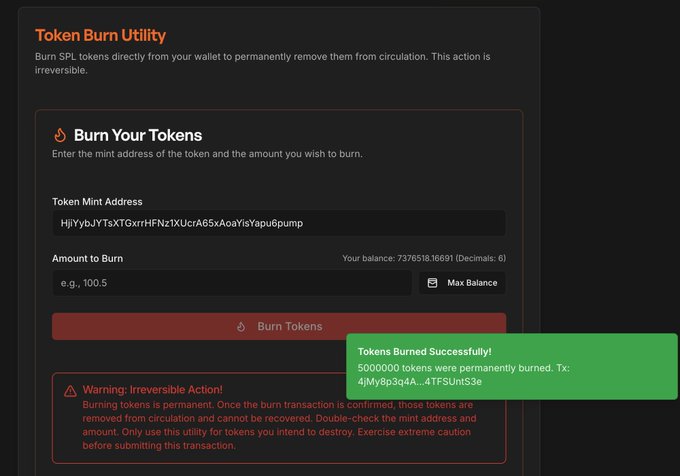 A screenshot of a 'Token Burn Utility' interface showing a 'Burn Tokens' form, with a green success message reading 'Tokens Burned Successfully! 5000000 tokens were permanently burned. Tx: 4MjY8p3q4A...4TFSUmS3e'.