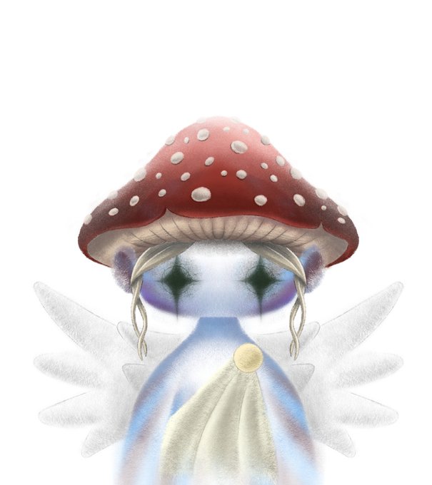 A digital illustration of a mushroom-headed character with a red-and-white spotted cap, star-shaped eyes, and a white toga-like garment with a golden pin.