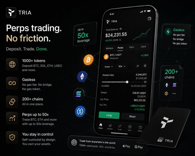 The image shows an iPhone screen displaying information related to trading Perps. The phone's display features various icons, including symbols for trading platforms like Bitcoin and Etherum, as well as other elements such as gas prices, chains, and fees. The text on the screen emphasizes that there is no friction in trading Perps, which means that users can easily move their funds without any additional costs or restrictions. This information is relevant to the post about trading Perps because it highlights a key feature of the platform being discussed: its user-friendly interface and lack of fees for trading.