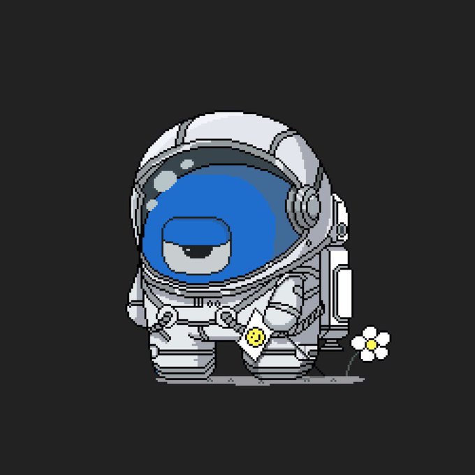 Pixel art illustration of a blue Among Us character dressed in a white astronaut suit, standing next to a small white flower against a dark gray background.
