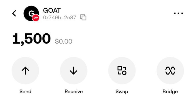 Cryptocurrency wallet screen showing GOAT token (address 0x749b...2e87) with a balance of 1,500 ($0.00), displaying Send, Receive, Swap, and Bridge options.