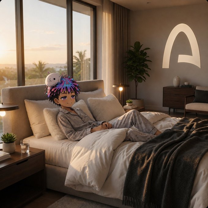 The image shows a bedroom scene featuring a bed with white sheets and a black blanket. A person wearing pajamas is sitting on the bed, looking relaxed and enjoying their time. The room has large windows that let in natural light, creating a warm atmosphere. There are also several plants placed around the room, adding to its cozy ambiance. In the background, there's a lamp providing additional lighting, making it easier for the person to read or relax during the day.