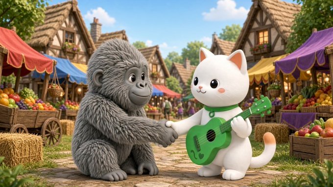 A 3D-rendered illustration shows a cartoon gorilla shaking hands with a white cat holding a small green guitar, set in a colorful village market.