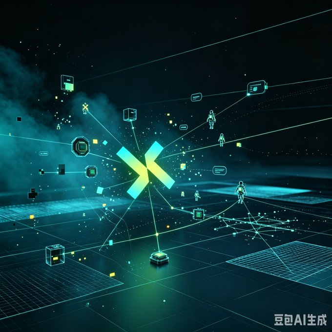 A futuristic digital artwork showing a glowing X symbol connected by network lines to various icons, avatars, and nodes, with Chinese text "豆包AI生成" (Doubao AI Generated) in the bottom right corner.