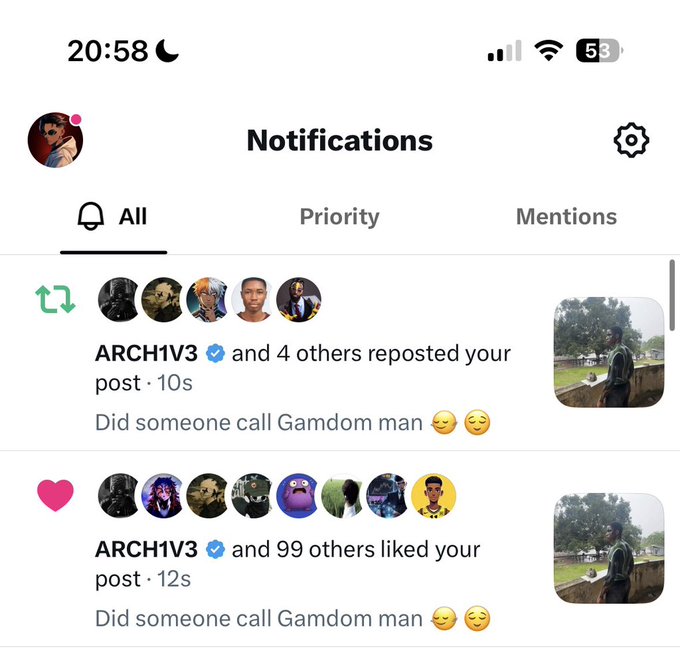 A screenshot of Instagram notifications shows that user "ARCH1V3" along with 4 others reposted and 99 others liked a post captioned "Did someone call Gamdom man 😊😌," reflecting the growing engagement and support referenced in the caption thanking supporters.