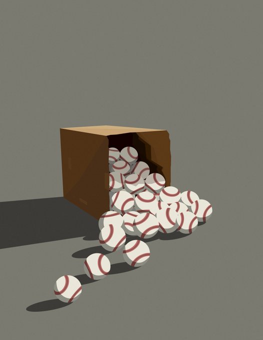 The image features a box filled with baseballs, which are spilling out onto the floor. The baseballs vary in size and color, creating an interesting visual effect as they spill out of the box. The background appears to be gray or white, providing a neutral backdrop that allows the vibrant colors of the baseballs to stand out. The image does not contain any text or additional objects, making it a simple yet striking representation of a common scene in sports.