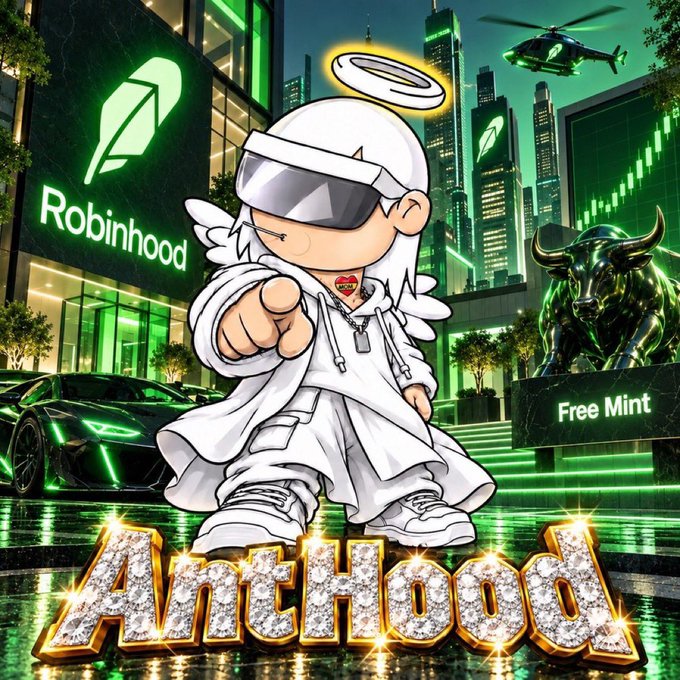 A stylized cartoon angel figure wearing a VR headset and pointing forward stands prominently in front of the "Robinhood" logo, with "AntHood" displayed in glittering gold text and "Free Mint" shown beside a bull statue. The image aligns with the post by promoting a free mint NFT collection called AntHood on the Robinhood blockchain chain.