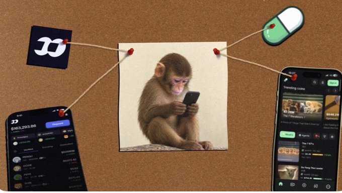 A corkboard displays a photo of a monkey using a smartphone, pinned alongside a dark card showing the "D" (DexScreener) logo with a market cap of $163,293.86, a pill icon, and a phone screen displaying trending coins including "$2.94m" and "Open World." The image satirizes the crypto market's irrational rallies, illustrating the poster's point about low-effort memecoins pumping from $20K to $10M market cap on $30M volume—fitting since even a monkey on a phone embodies the lack of substance behind such pumps.