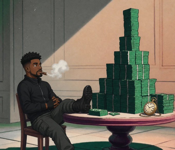 An illustrated scene of a man in a black jacket smoking a cigar while relaxing in a chair next to a table piled high with stacks of green money and a vintage pocket watch.