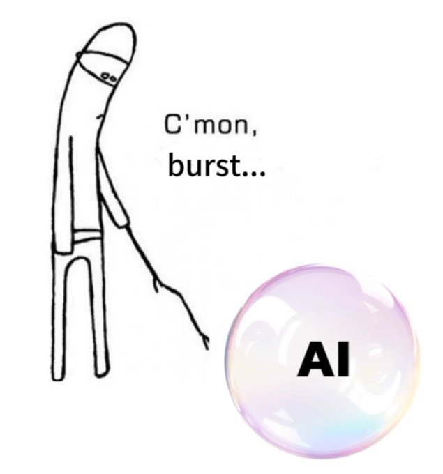 A simple stick figure with a pointed stick says "C'mon, burst..." while poking an iridescent bubble labeled "AI," humorously depicting efforts to challenge or test artificial intelligence systems. The image visually illustrates the post's TLDR about prodding at AI's perceived limits.