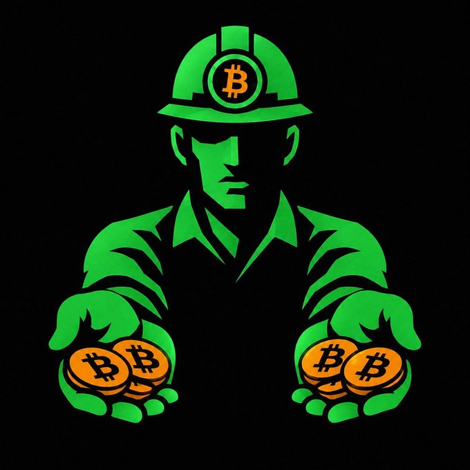 A stylized illustration of a man in a green hard hat with a Bitcoin logo, holding out two handfuls of physical Bitcoin coins against a black background.
