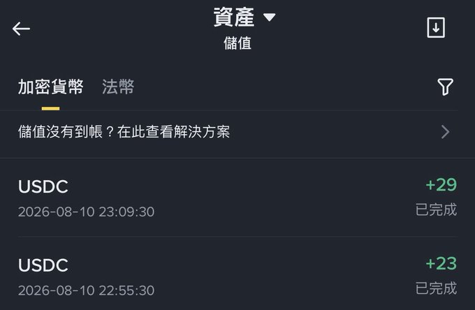 A cryptocurrency wallet app screen (in Chinese) showing 加密貨幣 (cryptocurrency) 儲值 (deposit) history with two USDC deposits of +29 and +23, both marked 已完成 (completed).