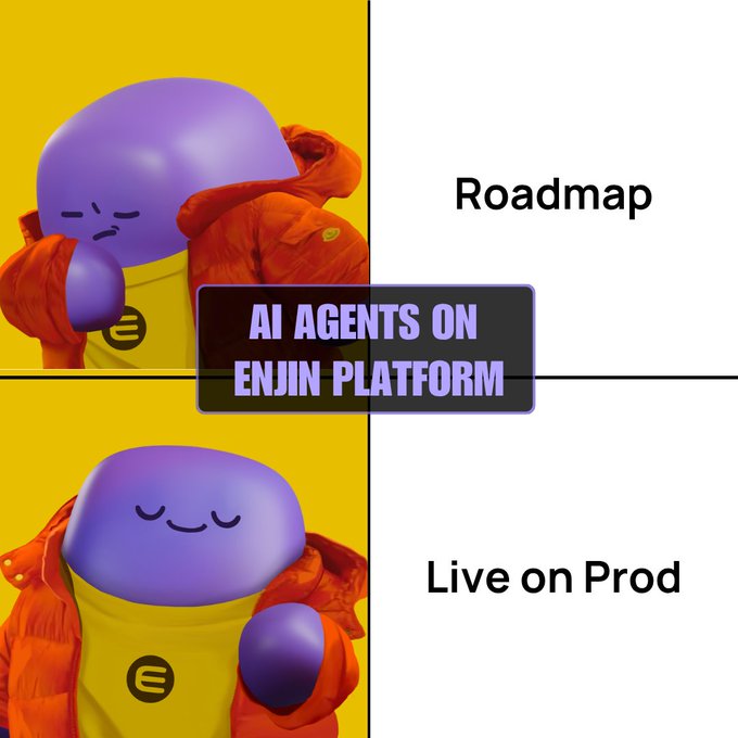 A two-panel meme featuring Enjin's purple mascot character crying over the text "Roadmap" while smiling under "Live on Prod," paired with a banner reading "AI Agents on Enjin Platform," illustrating that the AI agent support promised on Enjin Platform 3's roadmap is now live in production.