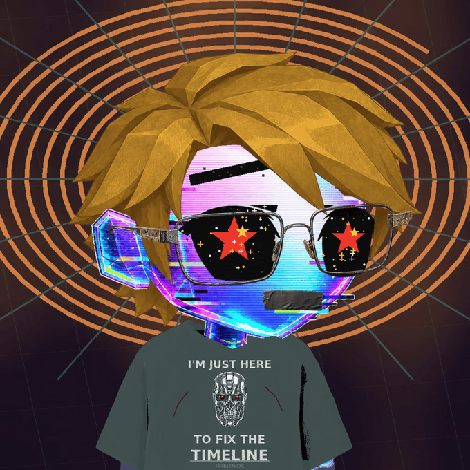 A stylized digital avatar with blonde hair wears sunglasses reflecting red stars, set against a hypnotic orange spiral background, with a shirt reading "I'M JUST HERE TO FIX THE TIMELINE."