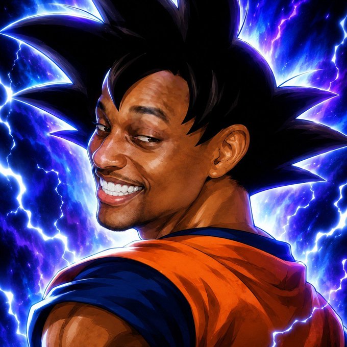 A vibrant anime-style illustration of a smiling character with spiky black hair and an orange and blue outfit, depicted in a Dragon Ball-inspired style with a dynamic purple and blue lightning background.