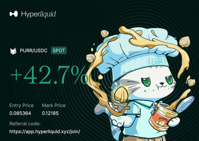 The image features a cartoon cat wearing a chef's hat and holding a jar of peanut butter. The caption below the image reads "Sold my $HYPE too early, but I'M NOT MISSING OUT ON $PURR Who else is holding this cutie?". This message seems to be related to the post about selling cryptocurrency or investing in cryptocurrency, as it uses humor to convey its point.