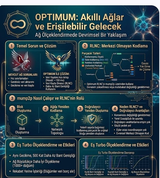 A Turkish infographic titled 'OPTIMUM: Akıllı Ağlar ve Erişilebilir Gelecek' explaining RLNC (Random Linear Network Coding) and network scaling concepts with diagrams and charts.
