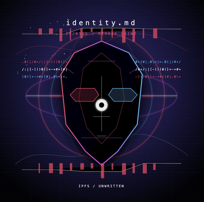 A digital graphic featuring a stylized geometric mask with glowing red and blue eyes, surrounded by code snippets and the text '.identity.md' and 'IPFS / UNWRITTEN'.