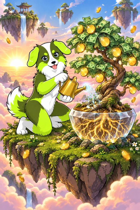 A colorful digital illustration of a cute green and white cartoon dog holding a watering can next to a money tree growing gold coins from a crystal pot on a floating island.