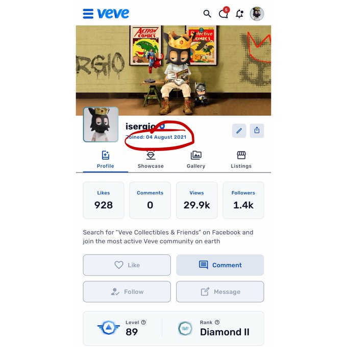 A screenshot of a Veve profile page for the user 'iseraio' showing a join date of '04 August 2021' (circled in red), Level 89, Diamond II rank, with 928 likes, 29.9k views, and 1.4k followers.