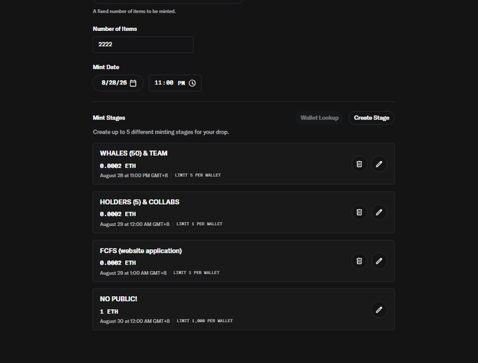 Dark-mode web interface for an NFT minting dashboard showing 2222 items with scheduled stages: 'WHALES (50) & TEAM' at 0.0002 ETH, 'HOLDERS (5) & COLLABS' at 0.0002 ETH, 'FCFS' at 0.0002 ETH, and 'NO PUBLIC!' at 1 ETH.