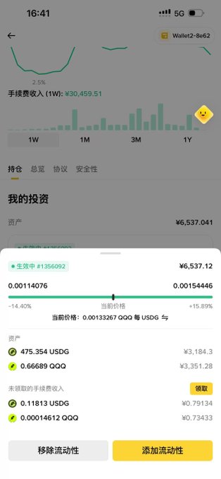 A mobile app screenshot in Chinese showing investment income of ¥30,459.51 and a portfolio value of ¥6,537.041, featuring assets like USDG and QQQ with liquidity management buttons.