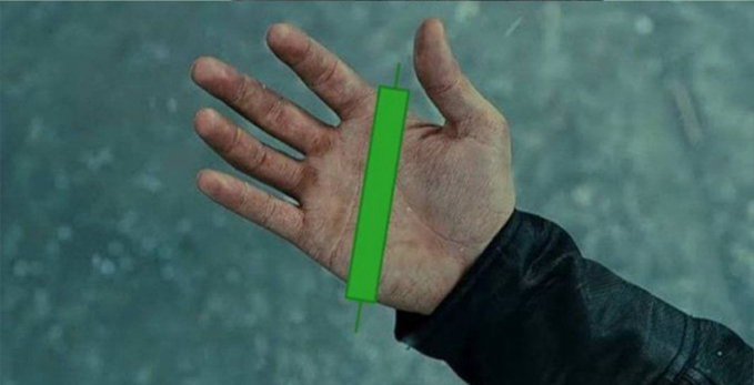 A dirty, open palm faces the camera with a bright green candle drawn on it, visually punning on the post's request to be "shilled" a coin that's "about to go green" — combining the candlestick chart pattern associated with rising prices with the gesture of literally showing one's hand.
