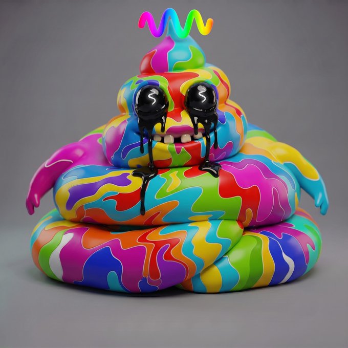 A vibrant, rainbow-swirled character with dripping black eyes and a jester-like crown grins menacingly against a gray background. The chaotic, multicolored mess of the figure contrasts with the simple "gm" (good morning) greeting, reflecting the unpredictable and often bizarre nature of crypto culture.