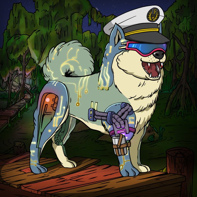 A cartoon illustration of a robotic Shiba Inu dog wearing a sailor captain's hat and futuristic goggles, featuring mechanical parts and glowing circuit lines on its body, standing on a wooden dock in a swampy bayou setting.