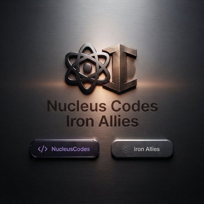 A metallic graphic displays the React logo alongside an 'I' and the text 'Nucleus Codes Iron Allies,' with two corresponding buttons below.