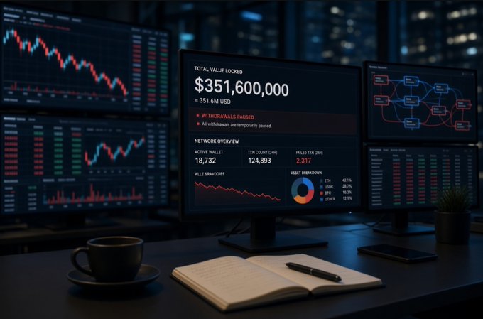 A dark workspace features multiple monitors displaying cryptocurrency trading dashboards, with a central screen showing 'TOTAL VALUE LOCKED $351,600,000', red charts indicating a downturn, and notifications that withdrawals are paused.