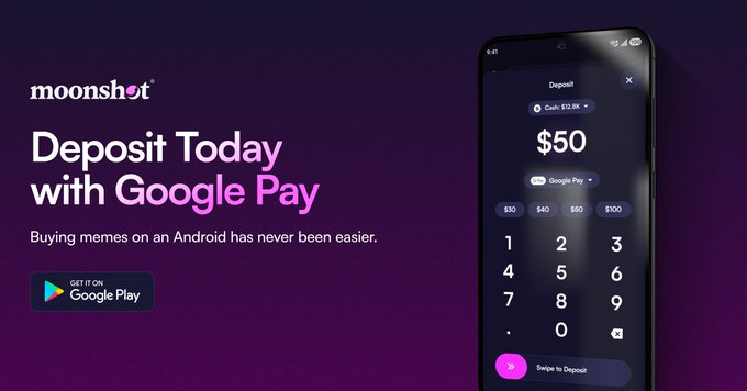 The image features a cell phone with an app displayed, which appears to be a mobile banking application called "Moonshot". The app allows users to deposit money using Google Pay, as indicated by the text on the screen that reads "deposit today with google pay". This means that the user can simply use their Google Pay account to transfer funds directly from their bank account to the app. The post also mentions that the app is designed for Android users and has been optimized for a smoother experience.