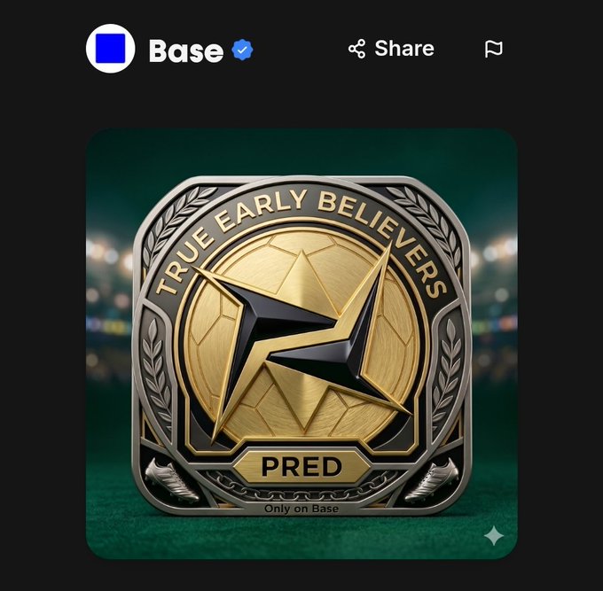 The image features an award, possibly a trophy or medal, with the words "True Early Believers" written on it. The award has a gold and black color scheme, and it's placed against a green background. The caption of the image reads "@base Complete the @predofficial quests on Base and unlock a limited NFT experience guild". This post is related to the base account as it promotes an event or activity that involves the use of the base account.
