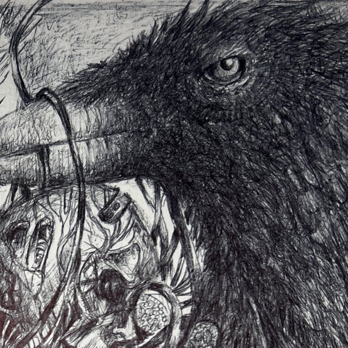 A black and white pencil sketch of a raven or crow with a detailed eye, surrounded by abstract mechanical or structural elements.