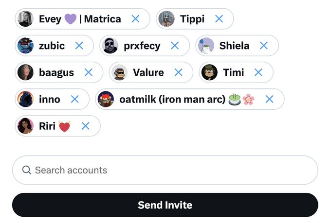 A social media interface displays a list of tagged accounts—Evey 💜 | Matrica, Tippi, zubic, prxfecy, Shiela, baagus, Valure, Timi, inno, oatmilk (iron man arc), and Riri ❤️—each with a profile picture and an "X" to remove, above a search bar and black "Send Invite" button. The image relates to the "PAYBOX BADGES INCOMING" caption by showing a tagging/invite screen used to select recipients for sending out these new badges.