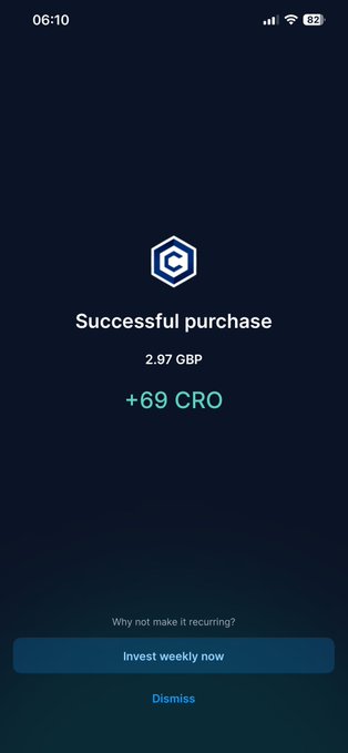 A screenshot shows a successful purchase confirmation on a smartphone, displaying the Cronos logo with text reading "Successful purchase," a payment of "2.97 GBP," and a reward of "+69 CRO," along with options to "Invest weekly now" or "Dismiss." The image supports a "Day 4 of 69 Cro" post by documenting another recurring CRO purchase on the Cronos App.