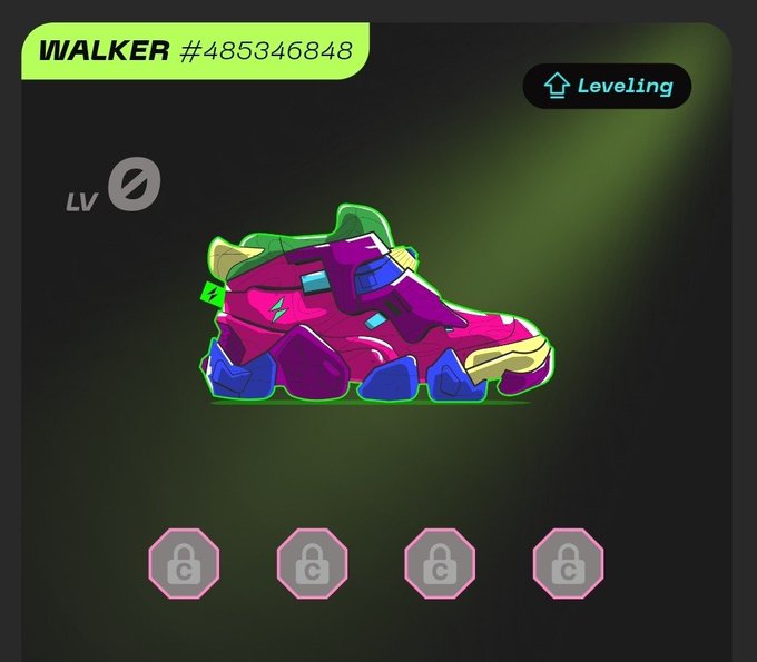 A video game interface displays a shoe NFT labeled 'WALKER #48534684' at 'LV 0' with locked upgrade slots and a 'Leveling' option.