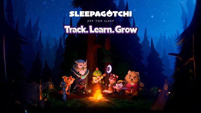 A promotional image for 'Sleepagotchi' app for sleep, with the tagline 'Track. Learn. Grow' displayed above cartoon animal characters gathered around a campfire in a nighttime forest setting.