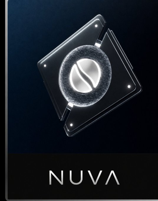 A glowing circular logo featuring a coffee bean-like design sits atop two dark metallic plates, with "NUVA" displayed in clean white lettering at the bottom. The sleek, futuristic aesthetic reinforces NUVA Finance's brand identity as the post highlights the project's education-driven approach to promoting adoption of tokenized real-world assets in DeFi.