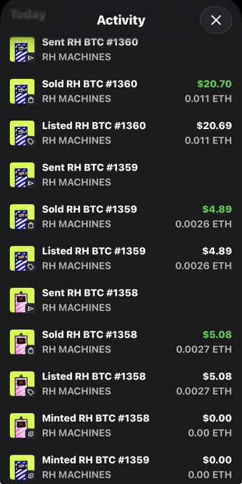 A screenshot of an activity log on a cryptocurrency platform showing transactions for 'RH BTC' items, including prices in dollars (e.g., $20.70, $4.89) and ETH (e.g., 0.011 ETH, 0.0026 ETH).