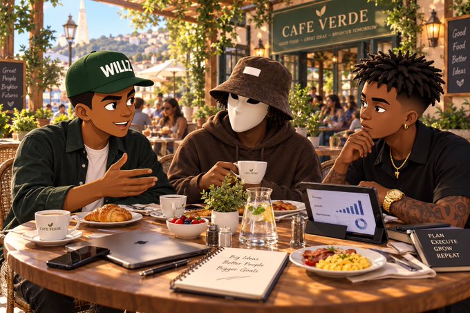 An animated illustration depicts three young men sitting around a cafe table labeled 'CAFE VERDE', eating food, looking at laptops, and writing notes in a notebook.